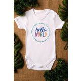 Overoz Organik%100 Pamuk Hello World Baskılı Bebek Body Kısa Kollu Badi Çıtçıtlı Zıbın Tulum 5303, 0-3 AY