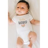 Overoz Organik%100 Pamuk Hello World Baskılı Kısa Kollu Bebek Çıtçıtlı Body Badi Zıbın Tulum 5386, 24-36 Ay