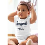 Overoz Organik%100 Pamuk Kedi Meow Baskılı Kısa Kollu Bebek Çıtçıtlı Body Badi Zıbın Tulum 5389, 9-12 Ay