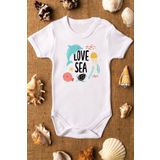 Overoz Organik%100 Pamuk Love Sea Deniz Baskılı Kısa Kollu Çıtçıtlı Bebek Body Badi Zıbın Tulum 5493, 9-12 Ay