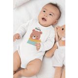 Overoz Organik%100 Pamuk Mutlu Ayıcık Baskılı Uzun Kollu Bebek Çıtçıtlı Body Badi Zıbın Tulum 5385, 3-6 AY