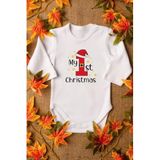 Overoz Organik%100 Pamuk My First Christmas Yılbaşı Yazılı Bebek Body Uzun Kollu Çıtçıtlı Badi Zıbın 5362, Yeni Doğan