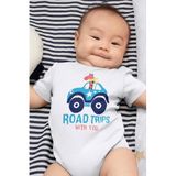 Overoz Organik%100 Pamuk Road Trip Araba Baskılı Kısa Kollu Çıtçıtlı Bebek Body Badi Zıbın Tulum 5562, 9-12 Ay