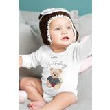 Overoz Organik%100 Pamuk Teddy Bear Happy Birthday Baskılı Uzun Kollu Çıtçıtlı Bebek Body Badi Zıbın 5405, Yeni Doğan