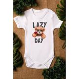 Overoz Organik%100 Pamuk Teddy Bear Lazy Day Baskılı Bebek Body Kısa Kollu Badi Çıtçıtlı Zıbın 5292, 6-9 AY
