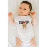 Overoz Organik%100 Pamuk Teddy Bear New York Baskılı Kısa Kollu Çıtçıtlı Bebek Body Badi Zıbın Tulum 5409, 6-9 AY