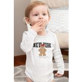 Overoz Organik%100 Pamuk Teddy Bear New York Baskılı Uzun Kollu Çıtçıtlı Bebek Body Badi Zıbın Tulum 5409, 9-12 Ay