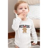 Overoz Organik%100 Pamuk Teddy Bear New York Baskılı Uzun Kollu Çıtçıtlı Bebek Body Badi Zıbın Tulum 5409, Yeni Doğan