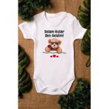 Overoz Organik%100 Pamuk Teddy Bear Selam Kızlar Ben Geldim Bebek Body Kısa Kollu Çıtçıtlı Badi Zıbın 5346, 24-36 Ay
