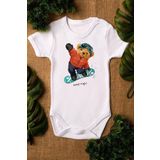 Overoz Organik%100 Pamuk Teddy Bear Snowboard Baskılı Bebek Body Kısa Kollu Badi Çıtçıtlı Zıbın 5284, 24-36 Ay