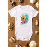 Overoz Organik%100 Pamuk Teddy Bear Sörf Baskılı Bebek Body Kısa Kollu Badi Çıtçıtlı Zıbın 5297, 12-18 AY