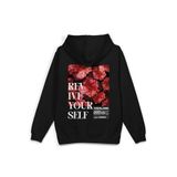 Overoz Siyah Oversize Sweatshirt Çiçek Sırt Baskılı Yazılı Kapüşonlu Oversize Sweatshirt H1311, L