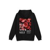 Overoz Siyah Oversize Sweatshirt Çiçek Sırt Baskılı Yazılı Kapüşonlu Oversize Sweatshirt H1311, M