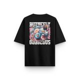 Overoz Siyah Oversize Tshirt Butterfly Gergeous Sırt Baskılı Oversize Yazılı Unisex Tişört 1265, L