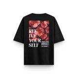 Overoz Siyah Oversize Tshirt Çiçek Sırt Baskılı Oversize Yazılı Unisex Tişört 1311, S