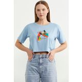Oversize Baskılı Crop Tişört - Mavi