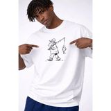 Oversize Beyaz Tişört %100 Pamuk – Minimal Balıkçı Çizim Baskılı Unisex Streetwear - XL