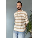 Oversize Bisiklet Yaka Örgü Salaş Tişört - Kahverengi