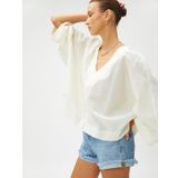 Oversize Bluz Keten Karışımlı V Yaka