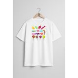 Oversize Çeşitli Renkli Şekerler ve Lolipop Göğüs Tasarımlı Unisex T-Shirt - Beyaz - XL