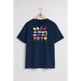 Oversize Çeşitli Renkli Şekerler ve Lolipop Göğüs Tasarımlı Unisex T-Shirt - Lacivert - XL