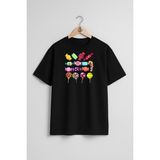 Oversize Çeşitli Renkli Şekerler ve Lolipop Göğüs Tasarımlı Unisex T-Shirt - Siyah