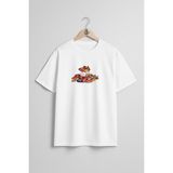 Oversize Çikolata Sepeti Hediye Göğüs Tasarımlı Unisex T-Shirt - Beyaz