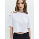 Oversize Crop Fit Bisiklet Yaka Beyaz Kadın T-Shirt