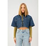 Oversize Crop Fit Sedef Çıtçıtlı Orta Indigo Kadın Jean Ceket - Mavi