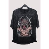 Oversize Demon Slayer Inosuke Baskılı Yıkamalı T-Shirt, Unisex Anime Baskılı Eskitme Tişört - 4XL - Siyah