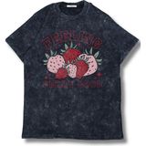 Oversize Feeling Berry Good Baskılı Yıkamalı T-Shirt, Unisex Yaz Meyvesi Temalı Retro Tişört - Siyah - XS