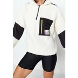 Oversize Fermuarlı Yaka Düşük Kol Paraşüt Kumaş Detaylı Peluş Geniş Kalıp Örme Spor Sweatshirt