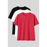 Oversize Fit Basic O Yaka 3lü Paket Siyah-Beyaz-Rose Kadın T-Shirt 97285