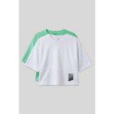 Oversize Fit O Yaka 2li Paket Beyaz-Su Yeşili Kadın T-Shirt - 97284