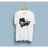 Oversize Happy Halloween Tasarım Unisex T-Shirt - Beyaz