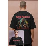 Oversize Iron Maiden Sırt Baskılı Tişört, Unisex Run For Your Lives Yazılı Bisiklet Yaka T-Shirt - Siyah - 2XL