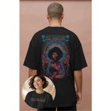 Oversize Jimi Hendrix Sırt Baskılı Tişört, Unisex Legend Rocker Temalı Bisiklet Yaka T-Shirt - Siyah - 3XL