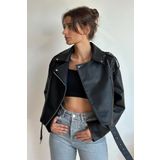 Oversize Kadın Siyah Biker Deri Ceket