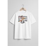 Oversize Kaleci Futbol Topu ve Kupa Göğüs Tasarımlı Unisex T-Shirt - Beyaz - XL