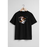 Oversize Kaleci Futbol Topu ve Kupa Göğüs Tasarımlı Unisex T-Shirt - Siyah
