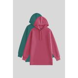 Oversize Kapüşonlu 2li Paket Yaban Gülü-Deniz Yeşili Kadın Tunik Sweatshirt - 97242