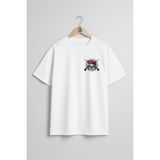 Oversize Kırmızı Bere Kafatası Cep ve Sırt Tasarımlı Unisex T-Shirt - Beyaz