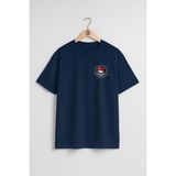 Oversize Kırmızı Bere Kafatası Cep ve Sırt Tasarımlı Unisex T-Shirt - Lacivert