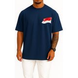 Oversize Kırmızı ve Beyaz Ülke Bayrağı, Singapur Bayrağı Cep Tasarımlı Unisex T-Shirt - Lacivert