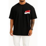 Oversize Kırmızı ve Beyaz Ülke Bayrağı, Singapur Bayrağı Cep Tasarımlı Unisex T-Shirt - Siyah