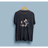 Oversize Köpek Gözlük ve Milkshake Tasarım Unisex T-Shirt - Siyah