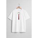 Oversize Kravat Papyon Desenli Göğüs Tasarımlı Unisex T-Shirt - Beyaz