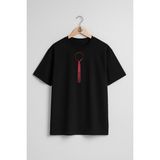 Oversize Kravat Papyon Desenli Göğüs Tasarımlı Unisex T-Shirt - Siyah