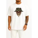 Oversize Kuru Kafa Asker Ve Kamuflaj Şapka Göğüs Tasarımlı Unisex T-Shirt