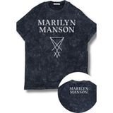Oversize Marilyn Manson Ense Yazılı Yıkamalı T-Shirt, Unisex Rock Band Baskılı Retro Tişört - Siyah